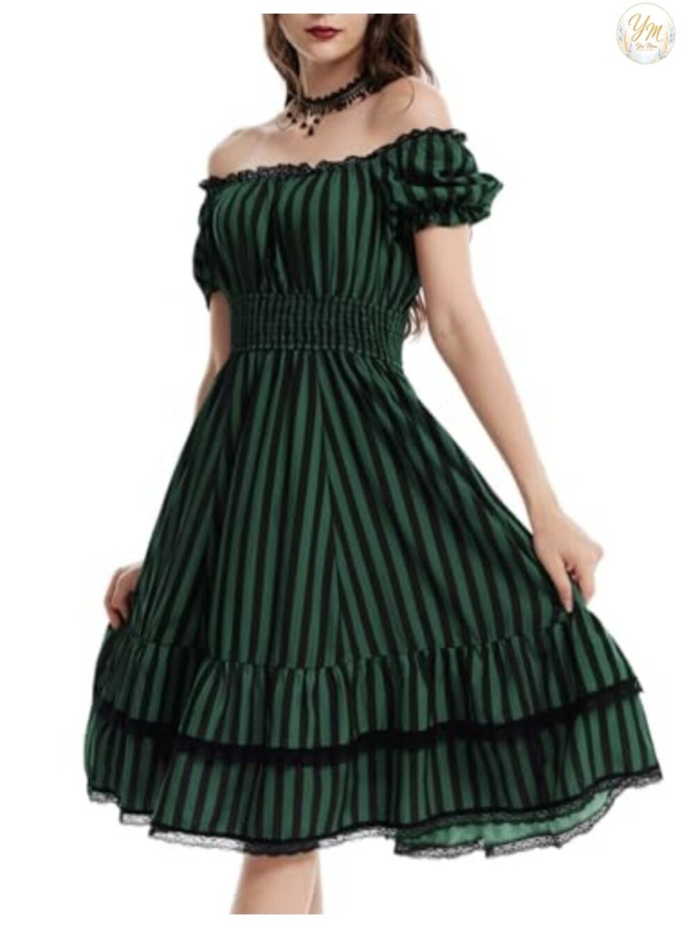 Gothic Pirate Renaissance Midi Dress Puff Sleeve Smocked Waist